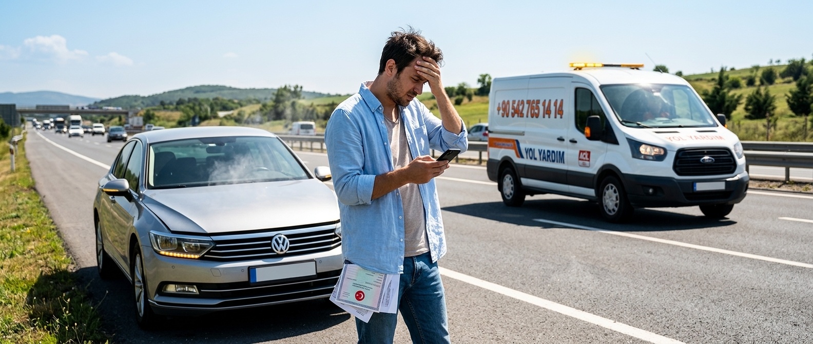 Otoyol kenarında duran otomobilin yanında telefonla yol yardım arayan sürücü