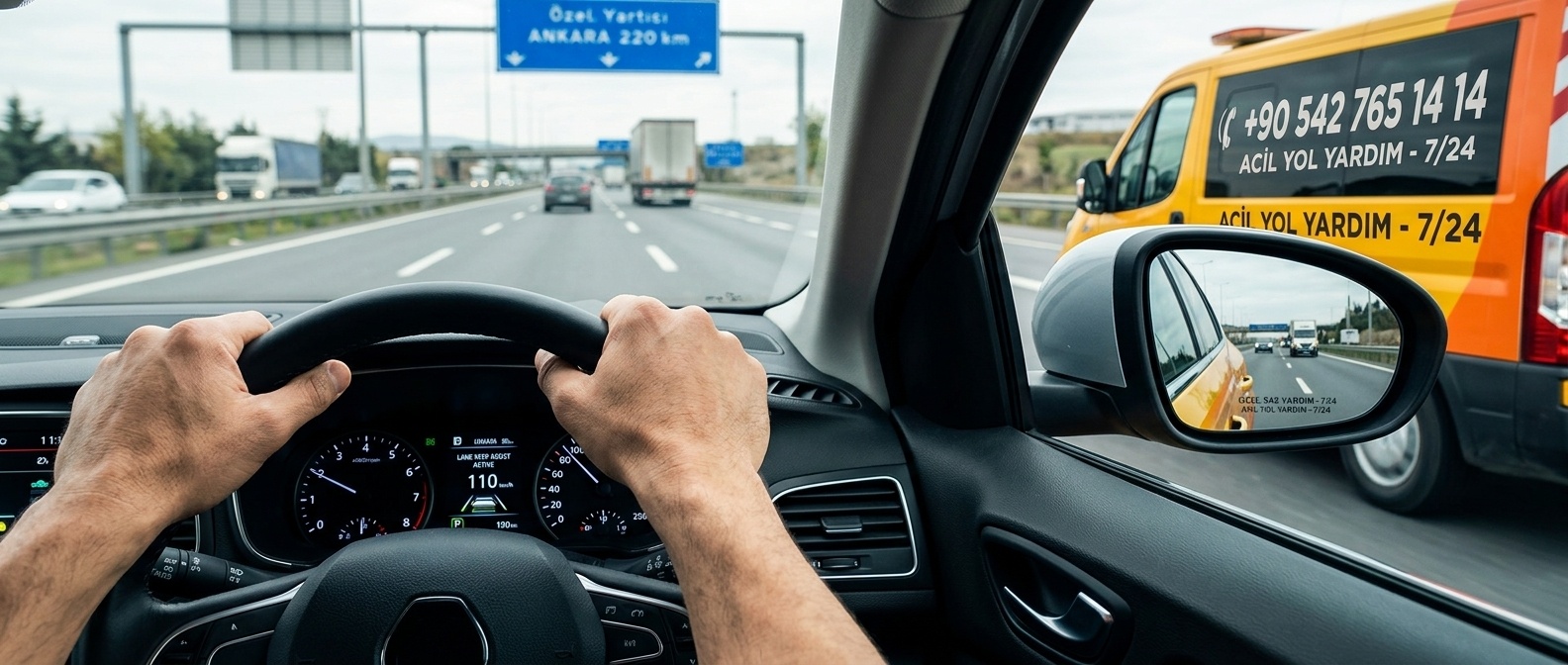 Kış koşullarında otoyolda seyreden aracın direksiyonundaki sürücü ve yandaki yol yardım aracı
