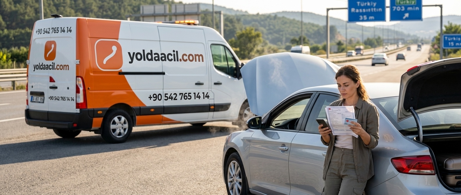 Kaputu açık aracın başında telefonla çekici çağıran sürücü ve yoldaacil.com servis aracı
