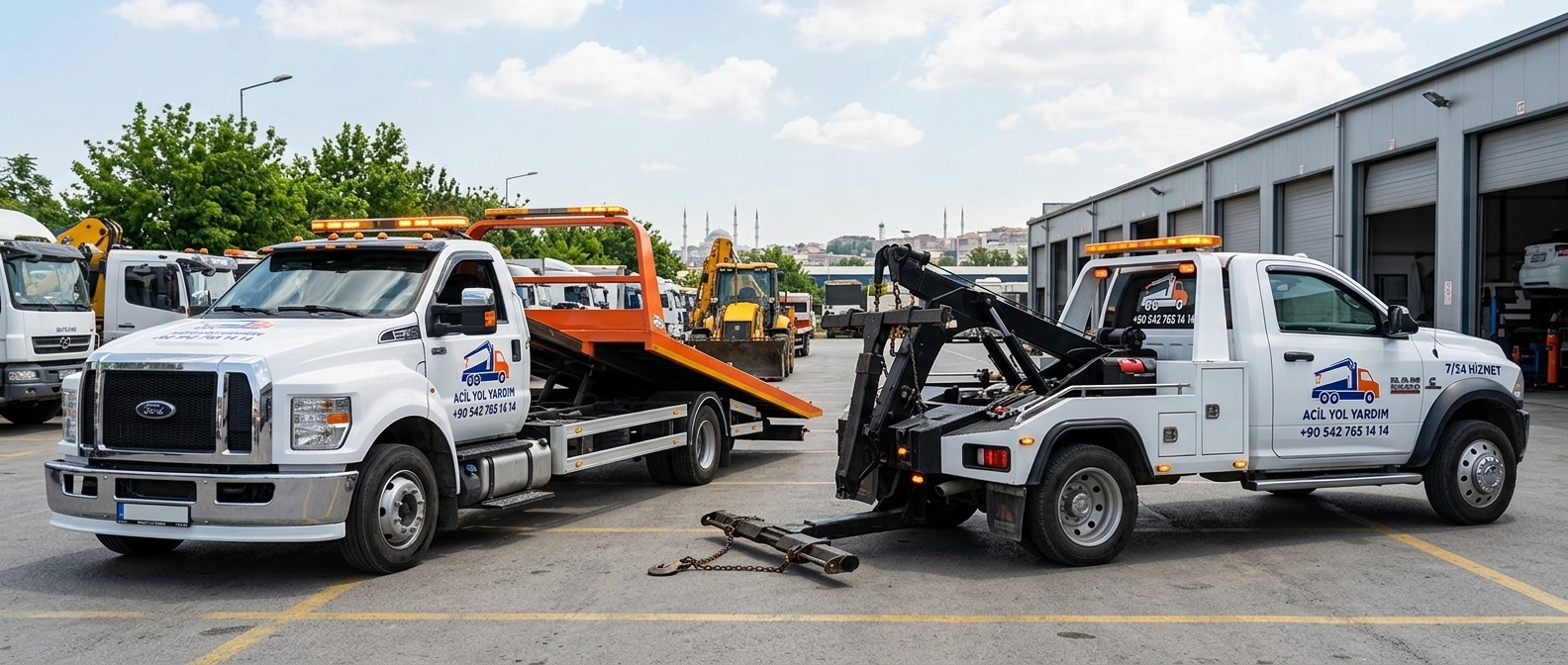 Yan yana duran platformlu ve kancalı çekici araçları