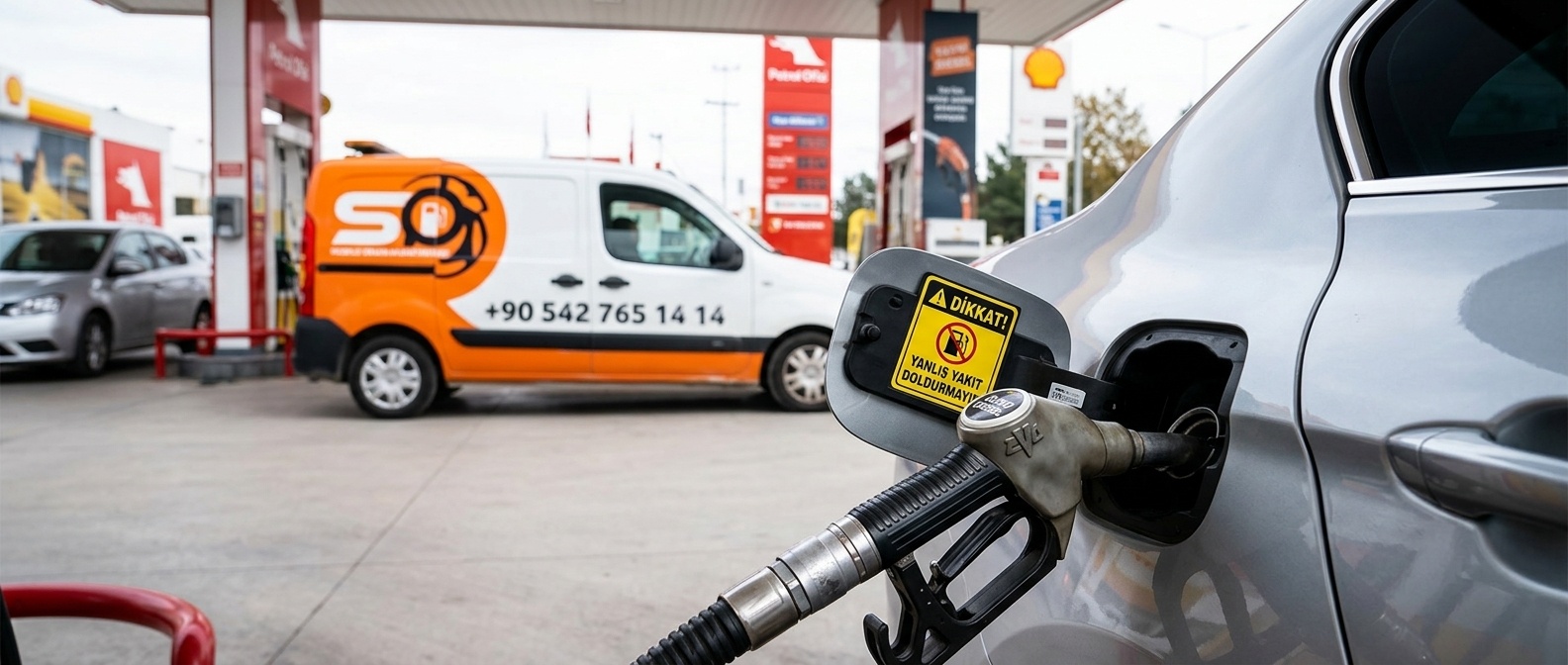 Akaryakıt istasyonunda yakıt dolumu ve yanında bekleyen yoldaacil mobil destek aracı