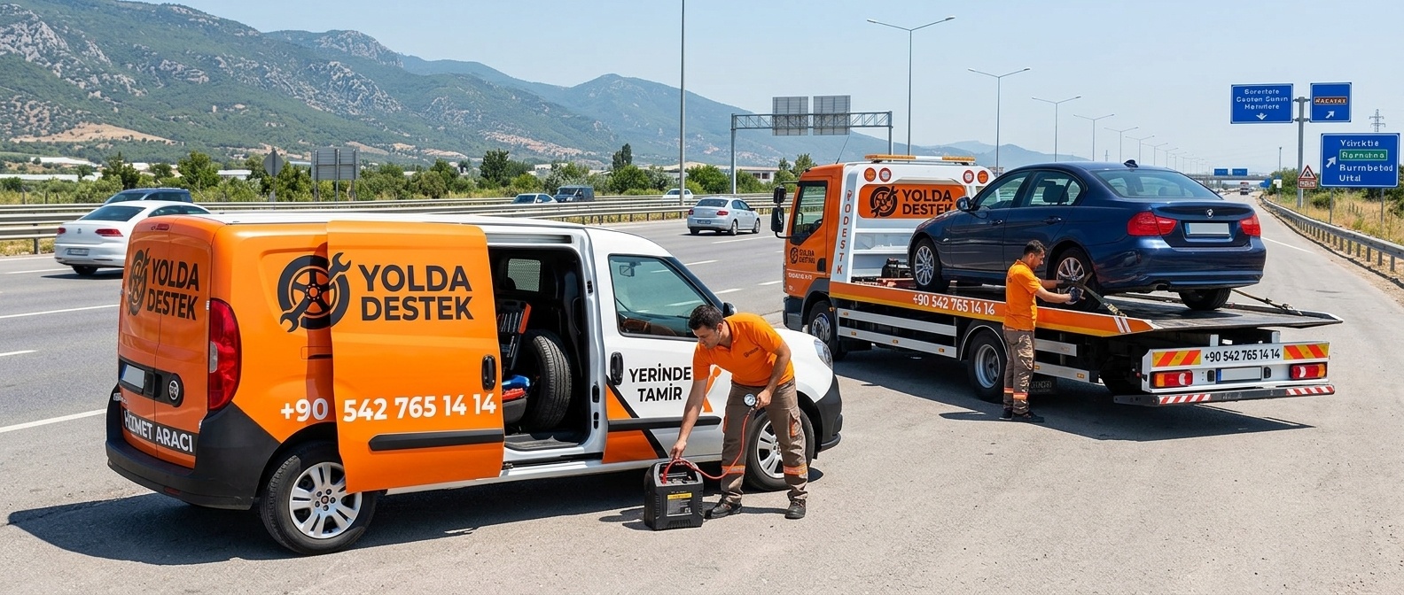 Aynı noktada hizmet veren yol yardım servis aracı ve oto çekici