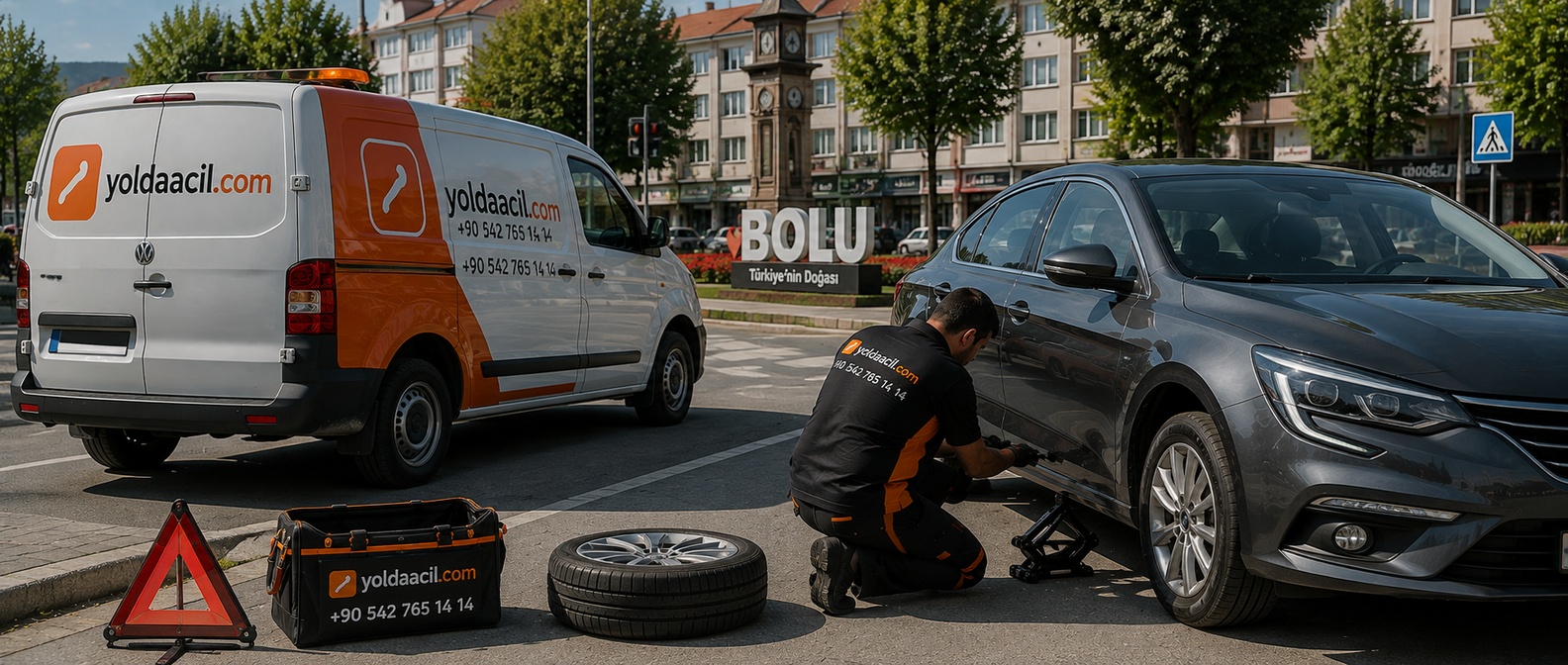 Bolu şehir girişinde lastik değiştiren yoldaacil.com görevlisi ve servis aracı