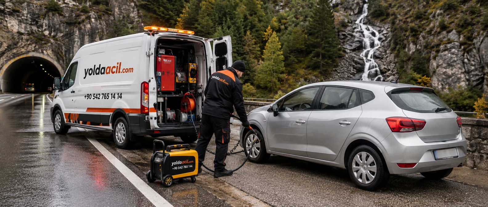 Gerede'de tünel çıkışında araca müdahale eden yoldaacil.com servis aracı